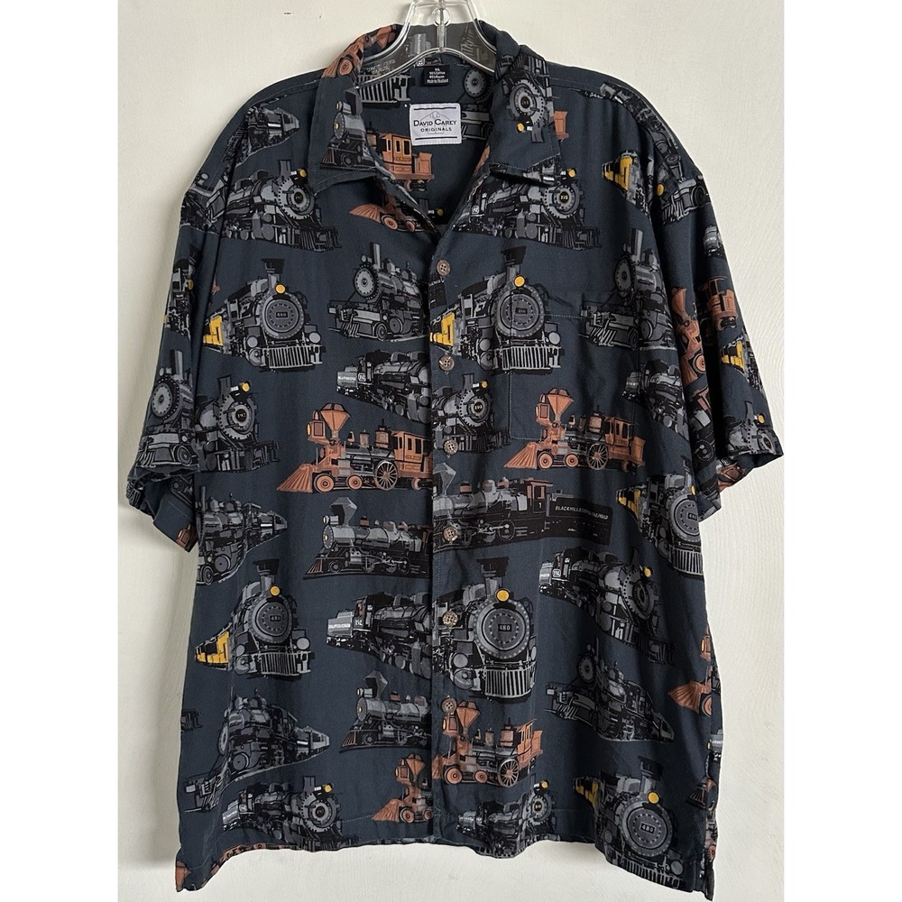 David Carey Shirt Mens XL Blue Trains Locomotive All Over Print Hawaiian